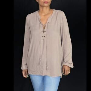 Show Me Your Mumu Thatcher Top Brown Lace Up Tunic Tan Flowy Tassels Size Small